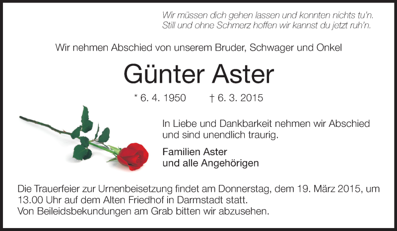  Traueranzeige für Günter Aster vom 14.03.2015 aus Echo-Zeitungen (Gesamtausgabe)