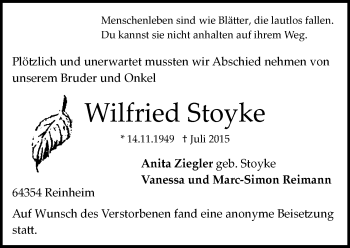 Traueranzeige von Wilfried Stoyke von trauer.echo-online.de