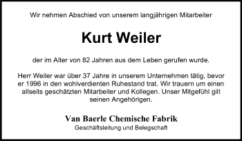 Traueranzeige von Kurt Weiler von Echo-Zeitungen (Gesamtausgabe)