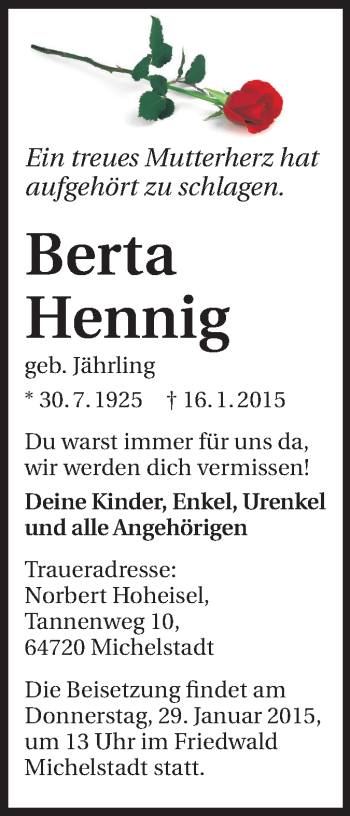 Traueranzeige von Berta Hennig von Echo-Zeitungen (Gesamtausgabe)