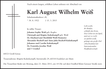 Traueranzeige von Karl August Wilhelm Weiß von Rüsselsheimer Echo, Groß-Gerauer-Echo, Ried Echo