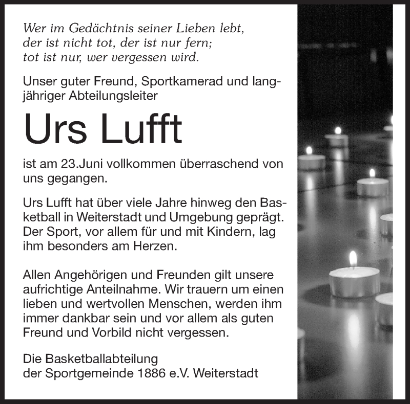  Traueranzeige für Urs Lufft vom 27.06.2015 aus Echo-Zeitungen (Gesamtausgabe)