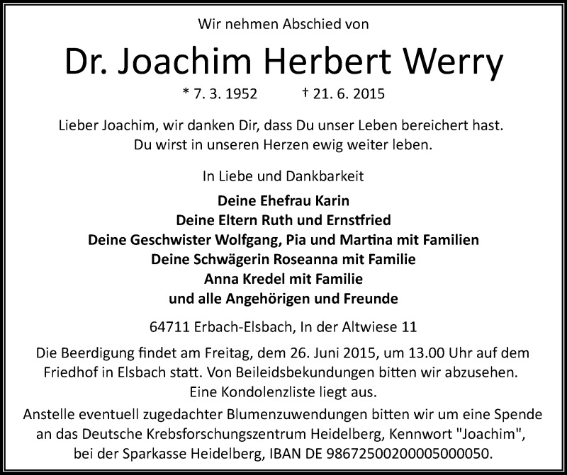  Traueranzeige für Joachim Herbert Werry vom 24.06.2015 aus Odenwälder Echo