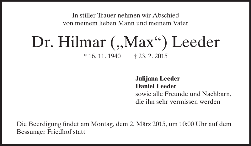  Traueranzeige für Hilmar Leeder vom 27.02.2015 aus Echo-Zeitungen (Gesamtausgabe)