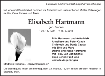 Traueranzeige von Elisabeth Hartmann von Darmstädter Echo, Odenwälder Echo, Rüsselsheimer Echo, Groß-Gerauer-Echo, Ried Echo