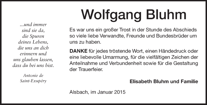  Traueranzeige für Wolfgang Bluhm vom 24.01.2015 aus Echo-Zeitungen (Gesamtausgabe)