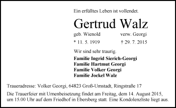 Traueranzeige von Gertrud Walz von trauer.echo-online.de