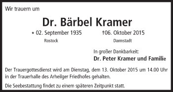Traueranzeige von Bärbel Kramer von trauer.echo-online.de