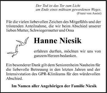 Traueranzeige von  Hanne Niesik von trauer.echo-online.de