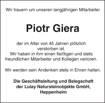 Traueranzeige von Piotr Giera von trauer.echo-online.de