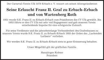 Traueranzeige von Franz Graf zu Erbach-Erbach und von Wartenberg Roth von trauer.echo-online.de