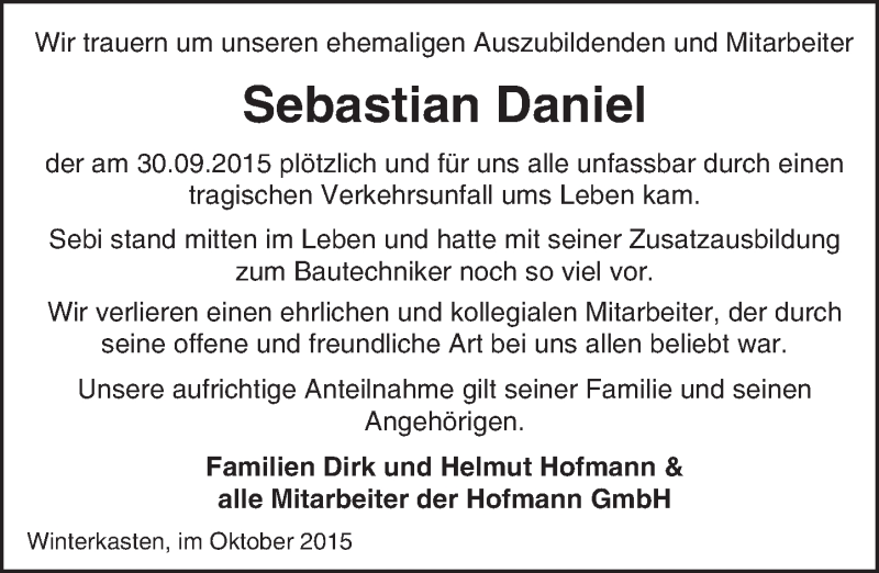  Traueranzeige für Sebastian Daniel vom 07.10.2015 aus trauer.echo-online.de