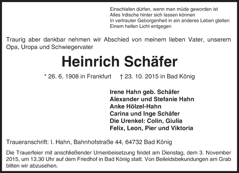  Traueranzeige für Heinrich Schäfer vom 31.10.2015 aus trauer.echo-online.de