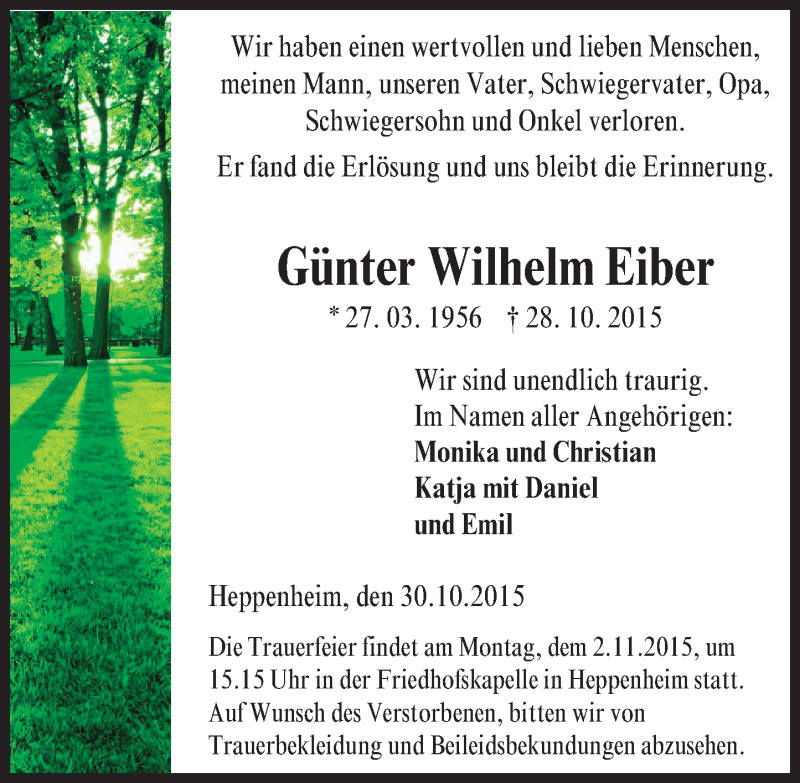  Traueranzeige für Günter Wilhelm Eiber vom 30.10.2015 aus trauer.echo-online.de