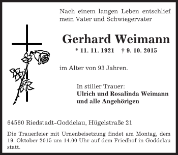 Traueranzeige von Gerhard Weimann von trauer.echo-online.de