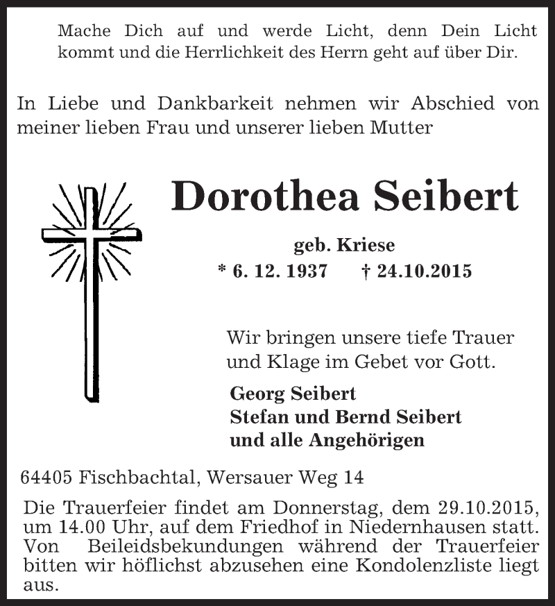  Traueranzeige für Dorothea Seibert vom 27.10.2015 aus trauer.echo-online.de