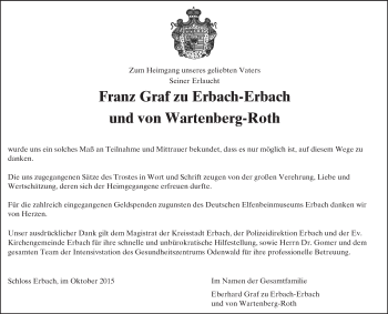 Traueranzeige von Franz Erbach-Erbach und von Wartenberg-Roth von trauer.echo-online.de