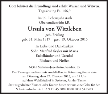 Traueranzeige von Ursula von Witzleben von trauer.echo-online.de