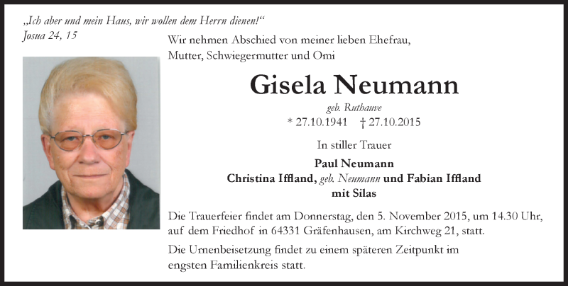  Traueranzeige für Gisela Neumann vom 31.10.2015 aus trauer.echo-online.de