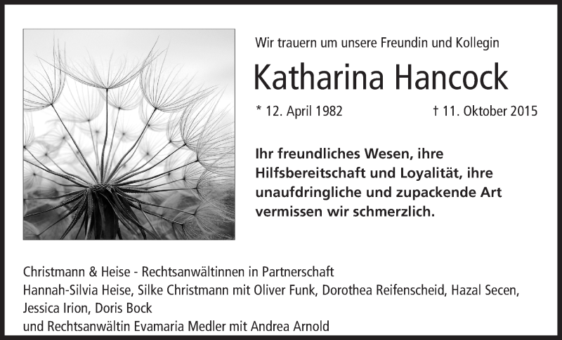  Traueranzeige für Katharina Hancock vom 17.10.2015 aus trauer.echo-online.de