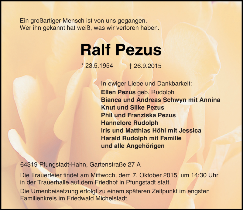  Traueranzeige für Ralf Pezus vom 02.10.2015 aus trauer.echo-online.de