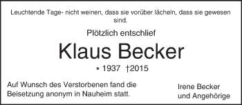 Traueranzeige von Klaus Becker von trauer.echo-online.de