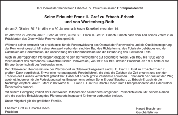 Traueranzeige von Franz Graf zu Erbach-Erbach und von Wartenberg-Roth von trauer.echo-online.de
