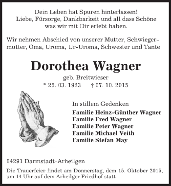 Traueranzeige von Dorothea Wagner von trauer.echo-online.de