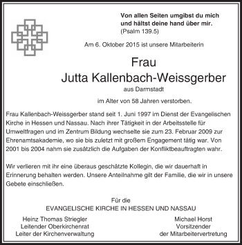 Traueranzeige von Jutta Kallenbach-Weissgerber von trauer.echo-online.de