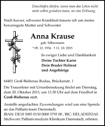 Traueranzeige von Anna Krause von trauer.echo-online.de