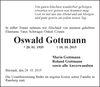 Traueranzeige von Oswald Gottmann von  Bürstädter Zeitung