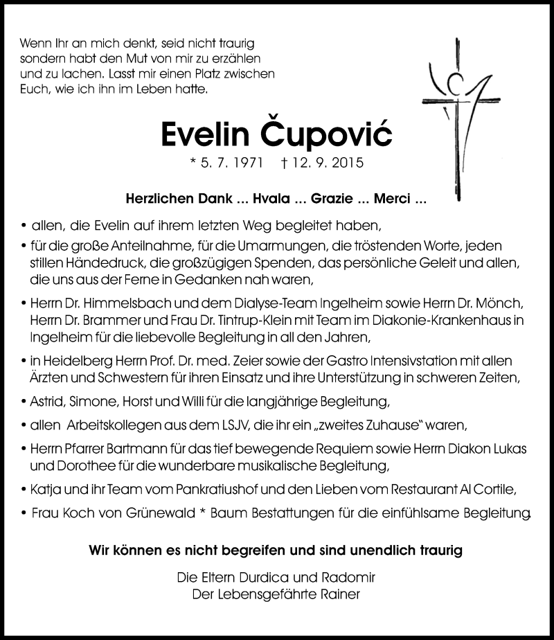  Traueranzeige für Evelin Cupovic vom 02.10.2015 aus  Mainz