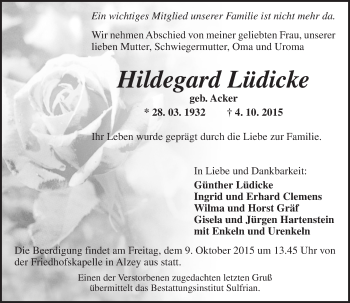 Traueranzeige von Hildegard Lüdicke von  Alzey