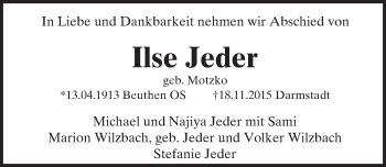 Traueranzeige von Ilse Jeder von trauer.echo-online.de