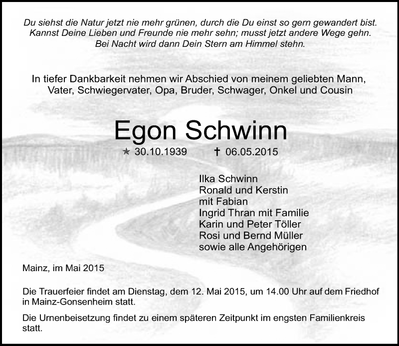  Traueranzeige für Egon Schwinn vom 09.05.2015 aus  Mainz
