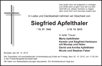 Traueranzeige von Siegfried Apfelthaler von  Bürstädter Zeitung
