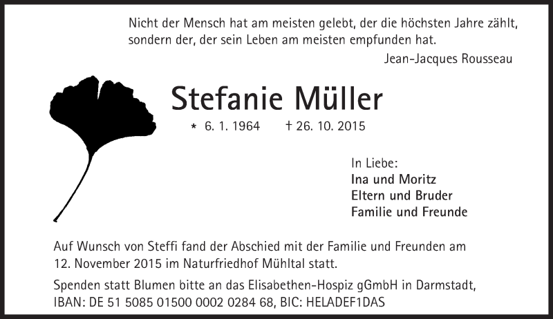  Traueranzeige für Stefanie Müller vom 28.11.2015 aus trauer.echo-online.de