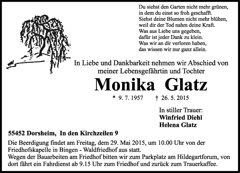  Traueranzeige für Monika Glatz vom 28.05.2015 aus  Ingelheim-Bingen