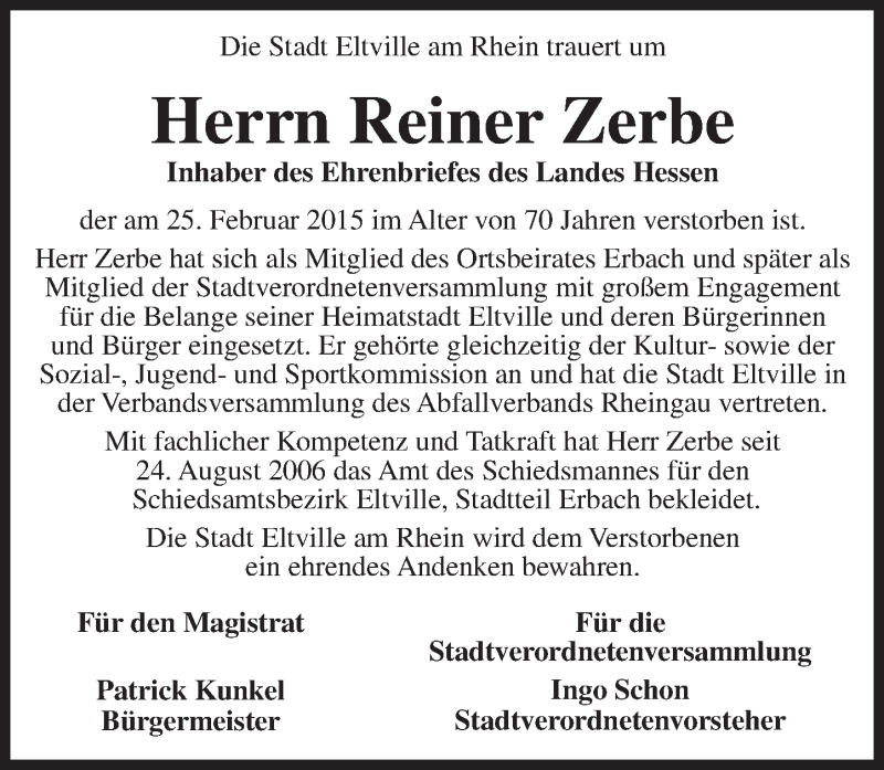  Traueranzeige für Reiner Zerbe vom 23.11.2015 aus Darmstädter Echo