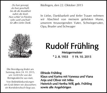Traueranzeige von Rudolf Frühling von  Kreisanzeiger