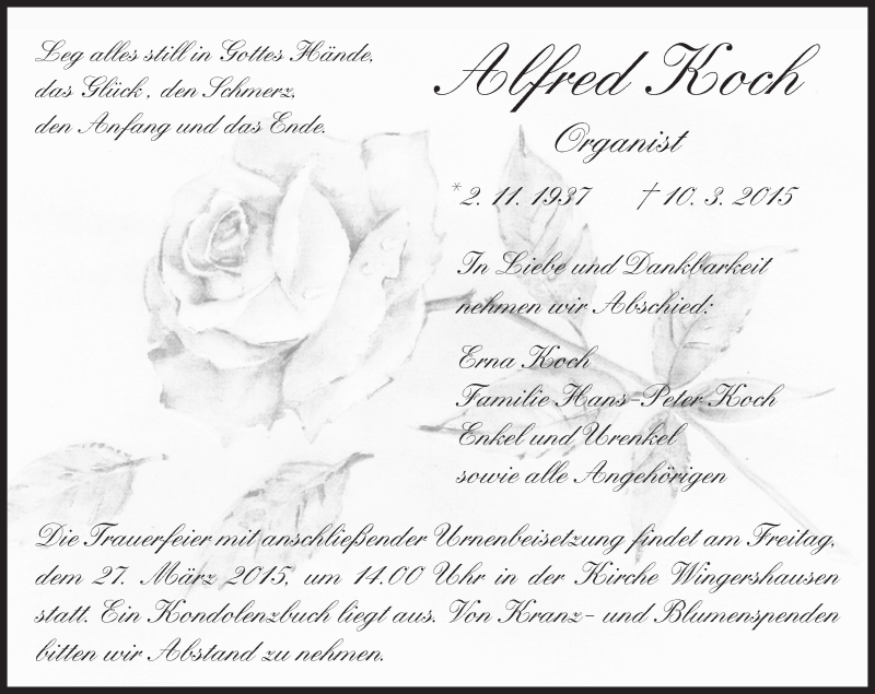  Traueranzeige für Alfred Koch vom 21.03.2015 aus  Kreisanzeiger