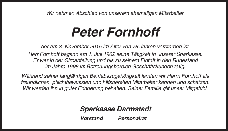  Traueranzeige für Peter Fornhoff vom 11.11.2015 aus trauer.echo-online.de