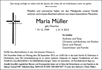 Traueranzeige von Maria Müller von  Mainz