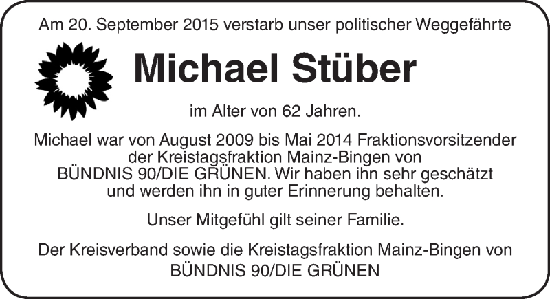  Traueranzeige für Michael Stüber vom 26.09.2015 aus  Ingelheim-Bingen