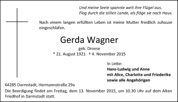 Traueranzeige von Gerda Wagner von trauer.echo-online.de