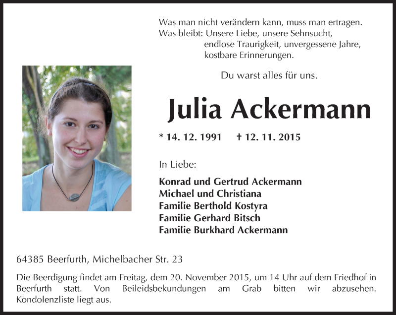  Traueranzeige für Julia Ackermann vom 18.11.2015 aus trauer.echo-online.de