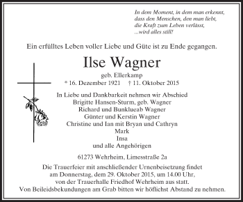 Traueranzeige von Ilse Wagner von  Usinger Anzeiger