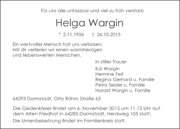 Traueranzeige von Helga Wargin von trauer.echo-online.de