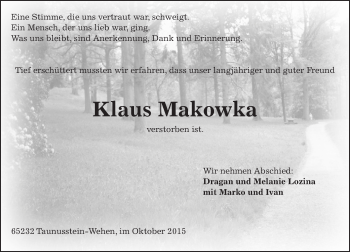 Traueranzeige von Klaus Makowka von  WI-komplett