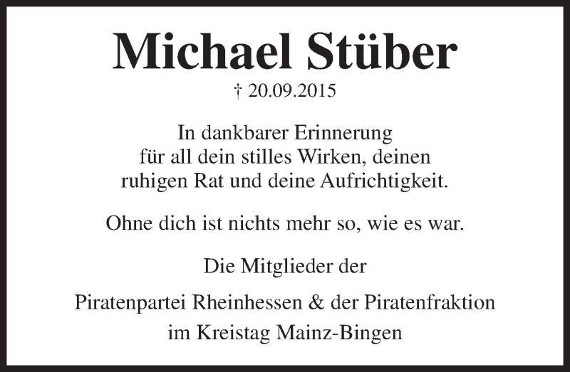 Traueranzeige für Michael Stüber vom 24.09.2015 aus  Mainz